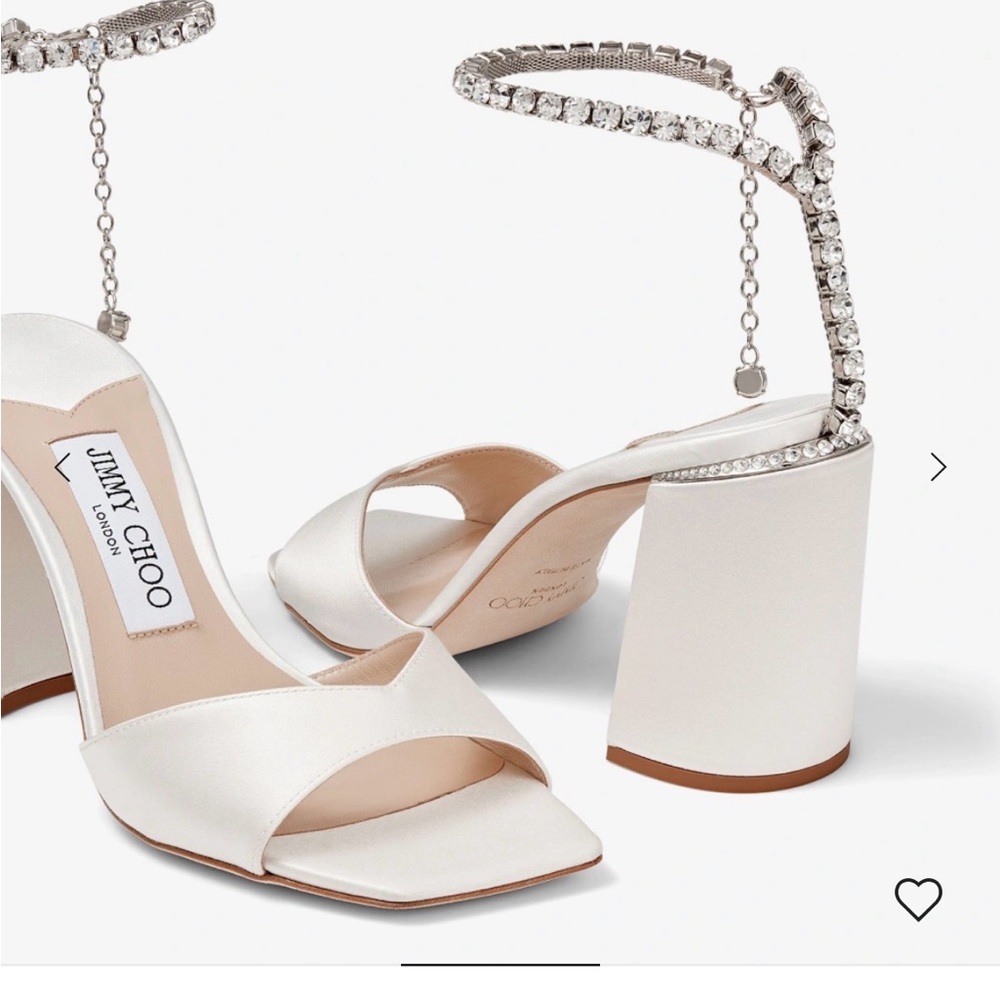 White Satin Crystal-Ankle Strap Heeled Sandals- Yellow App 💛